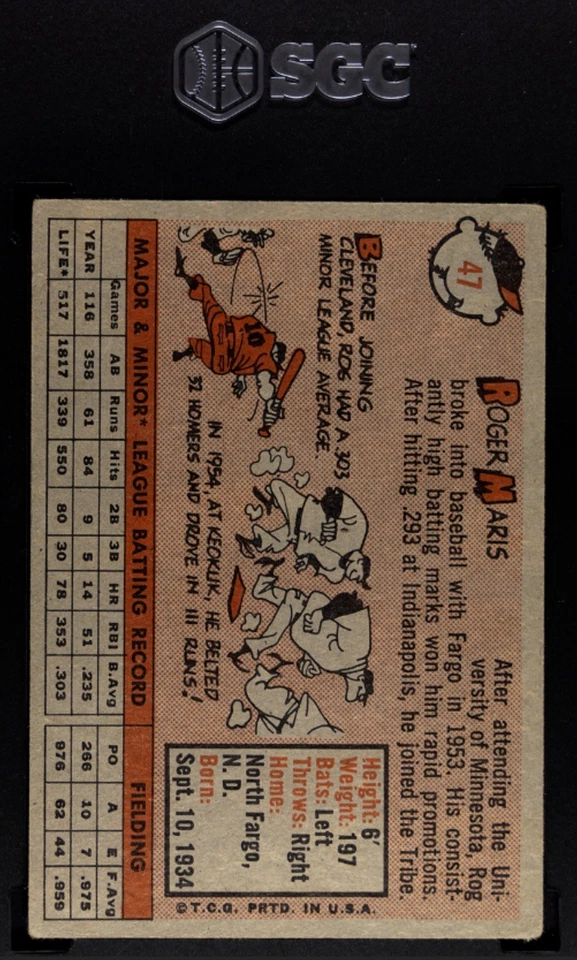 🔥⚾️РОДЖЕР МАРИС⚾️🔥1958 TOPPS SGC 3 VG EX #47 КАРТОЧКА ДЕБЮТАНТА ИНДЕЙЦЫ ЯНКИ - Изображение 4 из 4