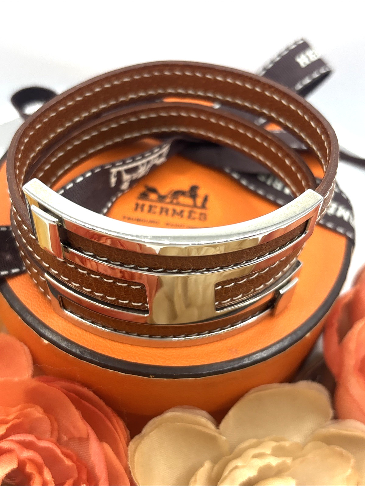 HERMES Pousse Pousse Silver Logo Double Wrap Bracelet Tan Brown Leather RARE image 7