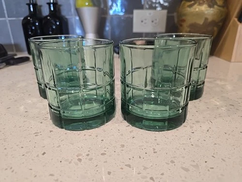 4 Vintage Green Anchor Hocking Tartan Glass - Low Ball - Rocks