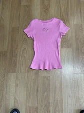Extremely Me Girl’s Pink Embellished Cut Our Heart Ribbed Top Size 14 EUC