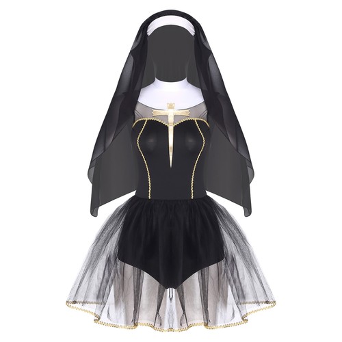 Women's Halloween Nun Cosplay Dress and Wimple Hood for Sister Clergy Dress-up - Bild 8 von 26