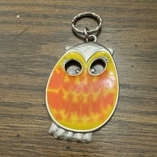 Vintage OWL Keychain by HALLMARK Orange Yellow Enamel 3" Key Ring 1970s 34