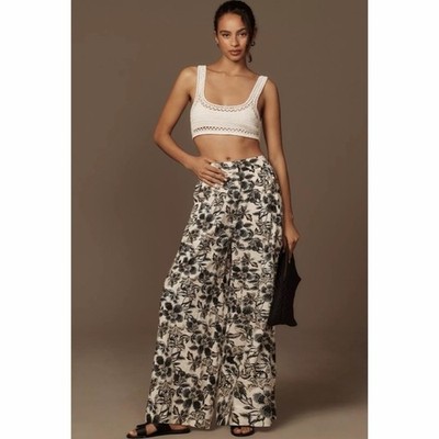 Anthropologie Ollari Linen Floral Wide Leg Trousers