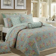 NEW COZY CHIC COTTAGE COUNTRY BLUE WHITE GREEN RED PINK ROSE LEAF QUILT SET