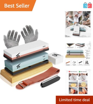 Razor Sharp Knife Sharpening Stone Set   Safe & Easy with Cut-Resistant Gloves