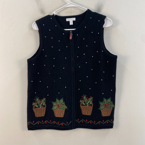 Charter Club Womens Medium Sweater Vest Zip Wool Embroidered Knit Black Beaded