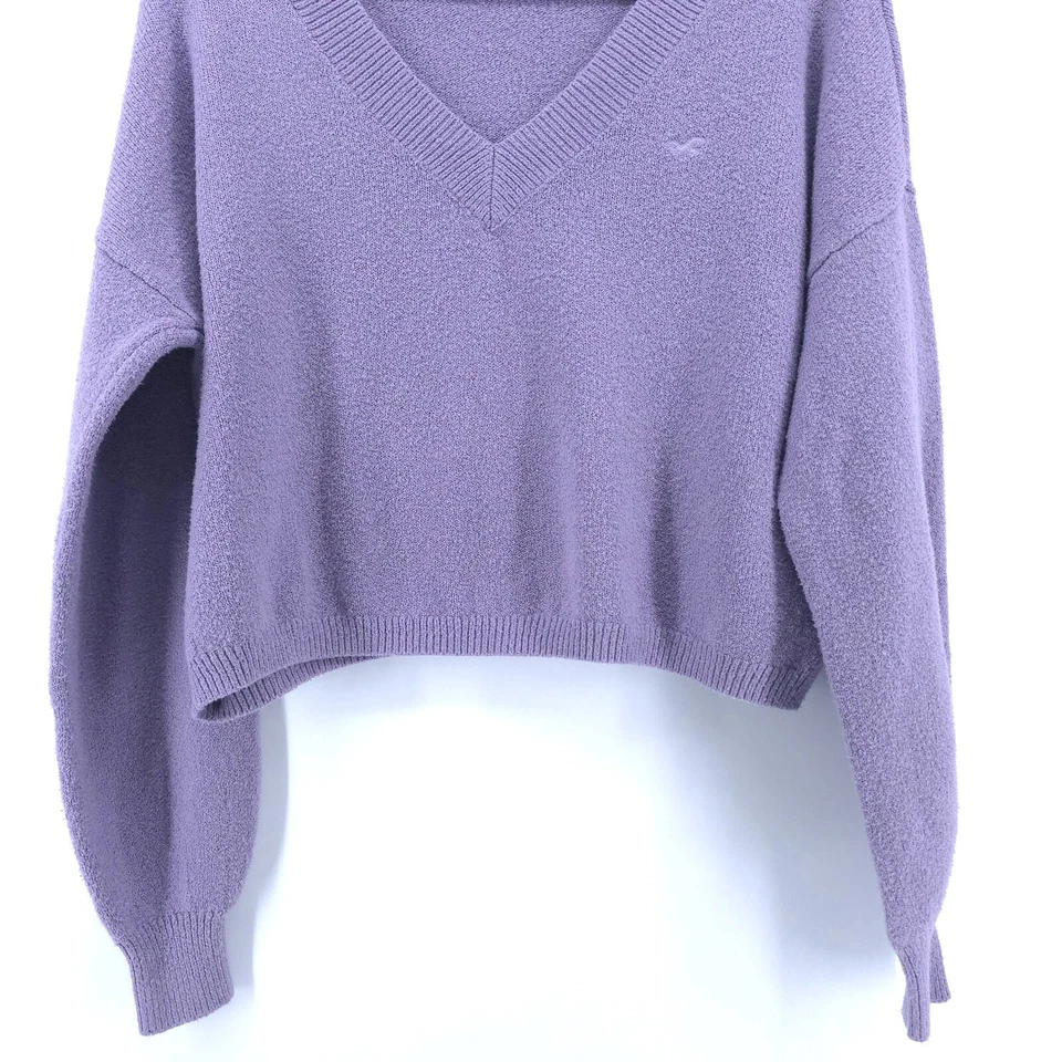 Hollister Womens Cozy Purple Cropped Relaxed Boxy Fit Balloon Sleeves V-Neck S - Image 3 of 4