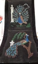2 Vtg Artex / Tri-Chem Black Liquid Painted Velvet Embroidery Pictures -Peacocks