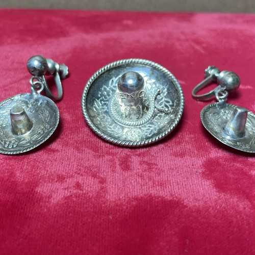 Vintage Sterling Silver Mexican Sombrero Hat Brooch Pin Pendant & Earrings Aztec - Picture 3 of 8