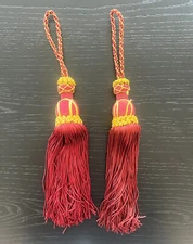 SET OF 2 RED & GOLD TASSEL CURTAIN DRAPE TIE BACKS, 15" LONG