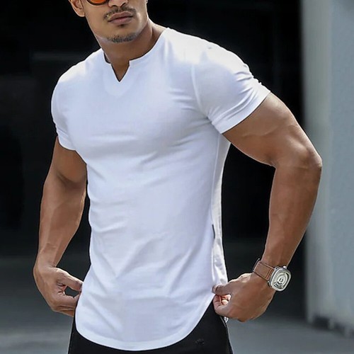 T-shirt homme col V uni manches courtes été hauts skinny tees décontracté stretch - Photo 13/22