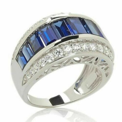 Men's Princess Cut Lab-Created Sapphire 3-Row Wedding Ring 14K White Gold Finish - Picture 5 of 6