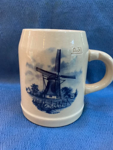 Vintage Delft Blauw Mug- Dutch Windmill .31L Mug Handdecorated -Made in Holland