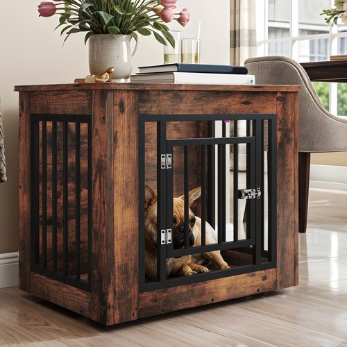 27" Wood Dog Crate Side Pet Kennel Solid Brown Hutch Indoor Iron Cage Waterproof - Picture 2 of 11