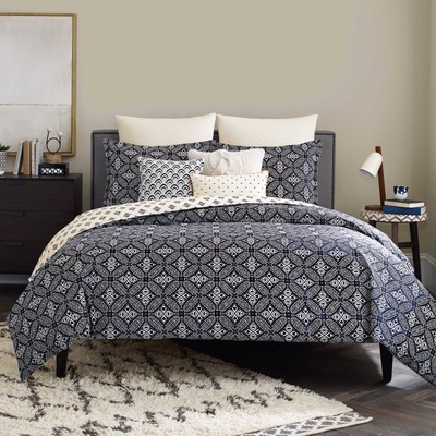 Real Simple Luna 3pc Set 1 King Duvet Cover 2 Standard Shams Navy Cream Revers 790618038983 Ebay