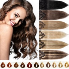US CLEARANCE Clip in 100 REMY Human Hair Extensions Full Head 8PCS Ombre Weft F