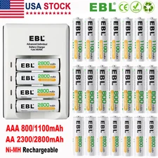 EBL AAA AA NiMH Rechargeable Batteries 1100mAh/2800mAh 1.2V + 4 Slot Charger Lot