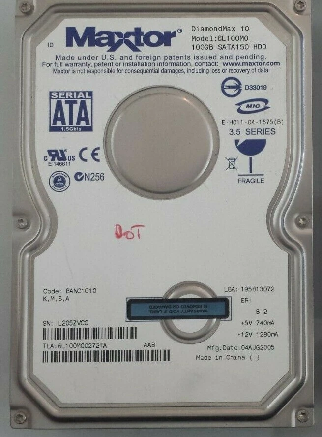 Maxtor DiamondMax 10 / 6L100M0 / 100 GB / 7200 RPM HDD - Image 2 of 2