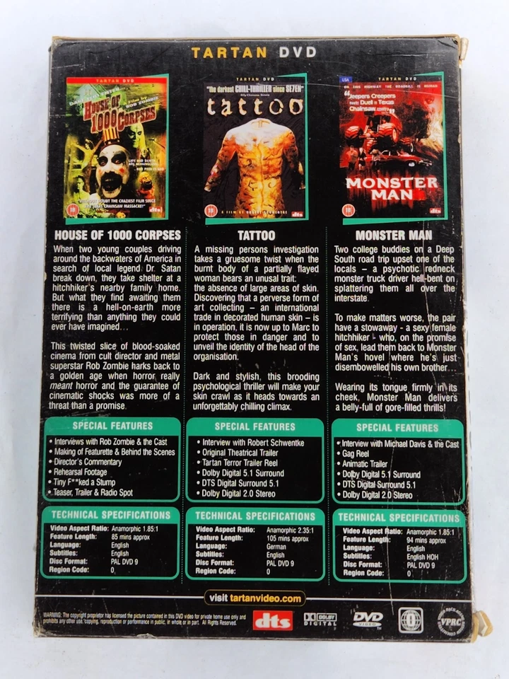 Triple Feature Chiller DVD Boxset - House Of 1000 Corpses. Monster Man, Tattoo - Image 2 of 4