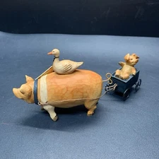 Blossom Bucket Folk Art Pig Pulling Cart Goose Piglet Farm Deco Figure ‘08 Betty