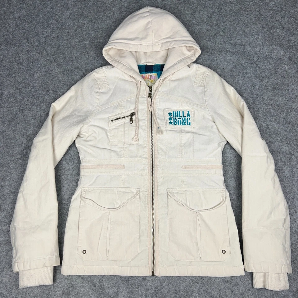 De Colección Chaqueta Billabong Niñas XL Crema Bolsillos Utilitarios Cremallera Completa Franela Forrada Y2K Foto 3 de 4