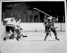1965 CLAUDE LAROSE NHL HOCKEY TYPE 1 PHOTO EDDIE JOHNSON BOSTON BRUINS GOALIE 