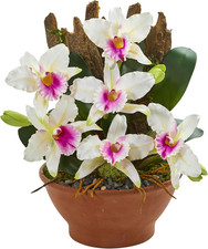 Elegant White Cattleya Orchid Silk Arrangement in Clay Vase -