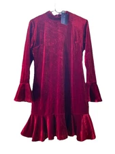 R.Vivimos Womens Long Slv Velvet Ruffles Bodycon Mini Dress Sz L Red Goth Vamp
