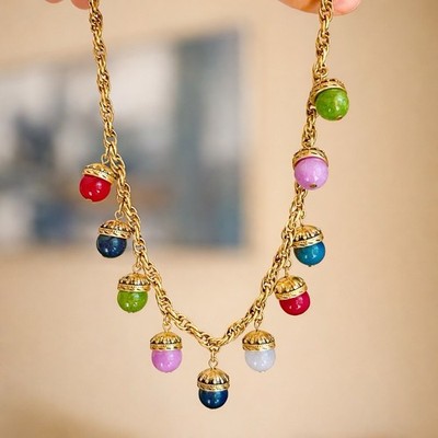 Natural Stone Charm Necklace Gold Plated Chain Colorful Bead 