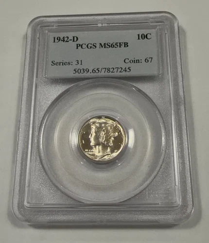 Full Bands BU GEM 1942-D Silver Mercury Dime PCGS MS65FB Blazing White