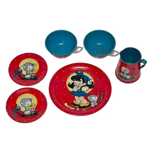 VINTAGE OHIO ART TIN LITHO CHILD'S TEA SET 7 pc LITTLE GIRL CAT KITTEN