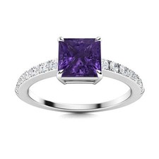 Princess-cut Natural Amethyst Ethnic Solitaire with Accents Ring 925 Silver
