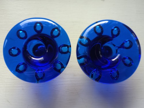 Vintage Cobalt Blue Glass Candle Stick Holders Round Hand Blown 2pc Rare Sweden? - Picture 5 of 22