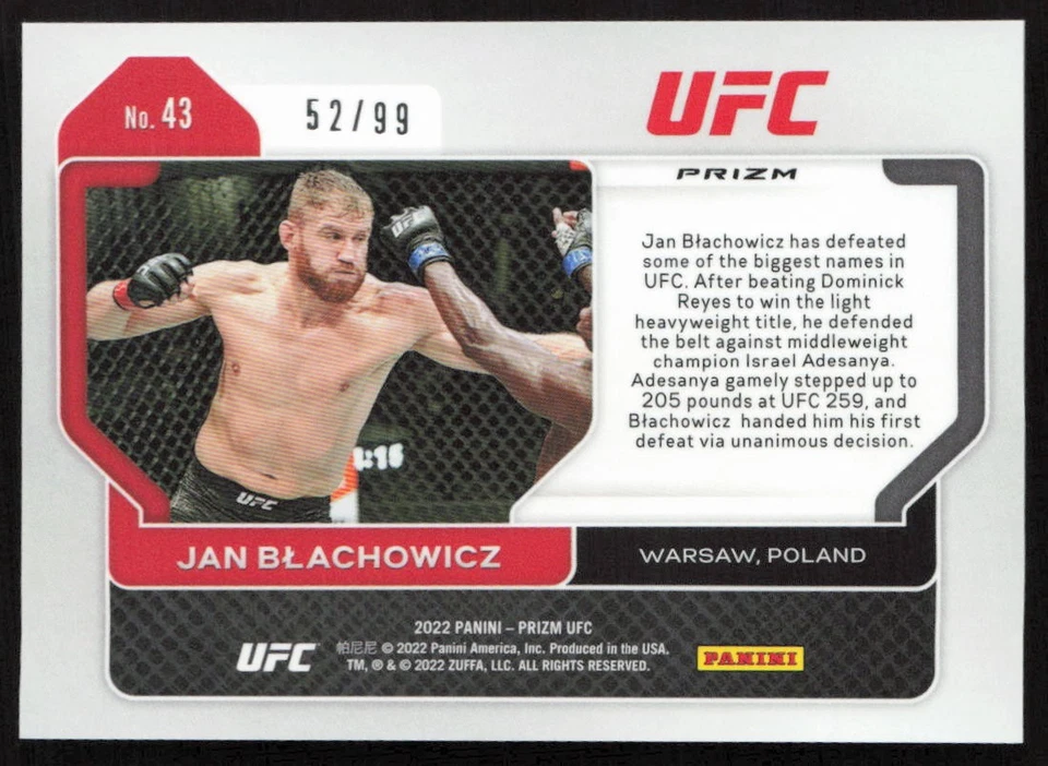 2022 Panini Prizm UFC Premium Box Set Prizms #/99 Jan Blachowicz #43 - Image 2 of 2