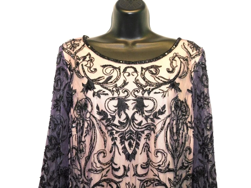 Vestido Pisarro Nights Talla 10 Púrpura Negro Cuentas Bordado Funda Cachicho Foto 2 de 4