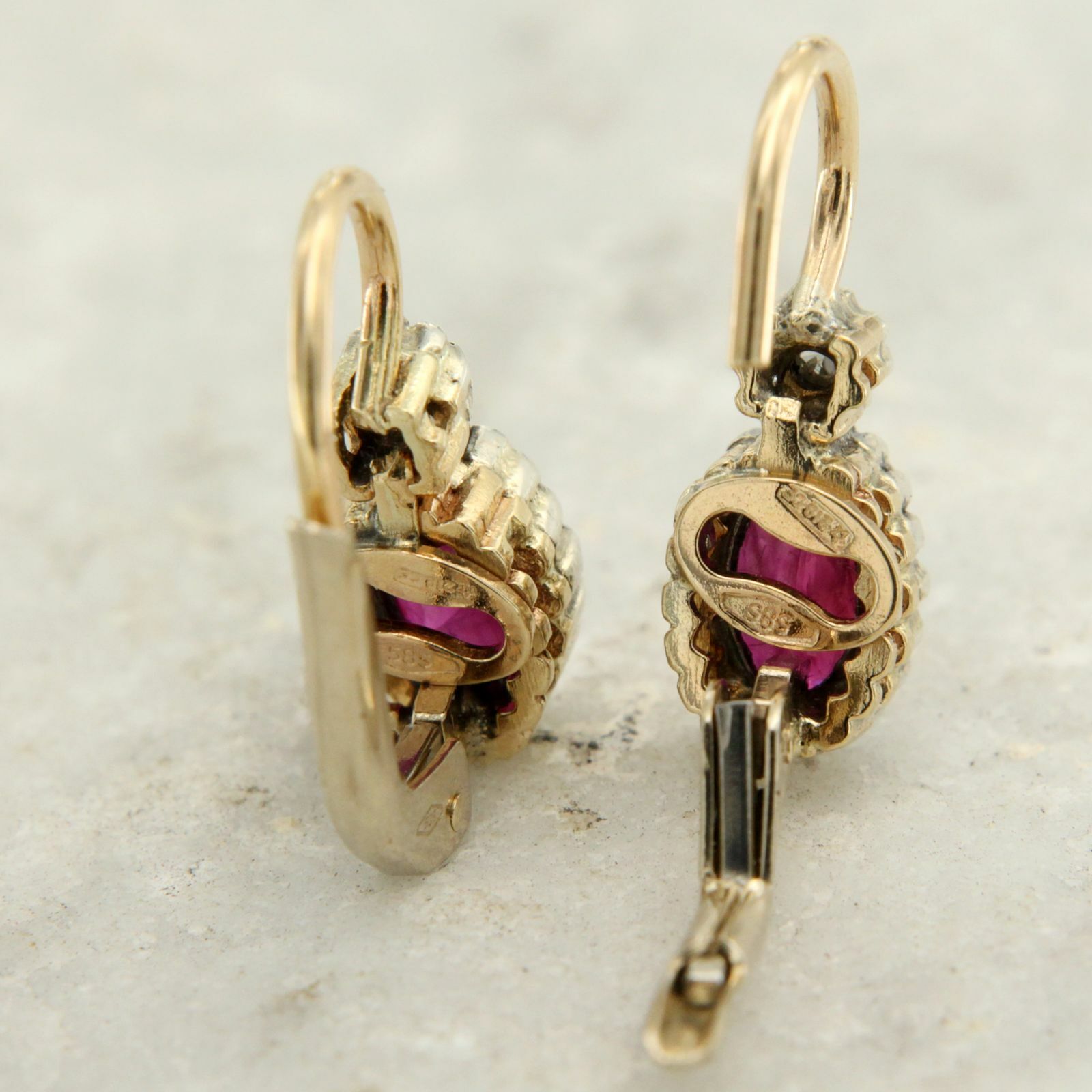 14k Solid Yellow GOLD Natural RUBY and DIAMOND Drop Dangle Leverback