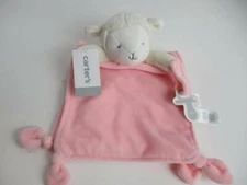 Carters Pink White Lamb Sheep Rattle Baby Plush Security Blanket Pacifier Holder