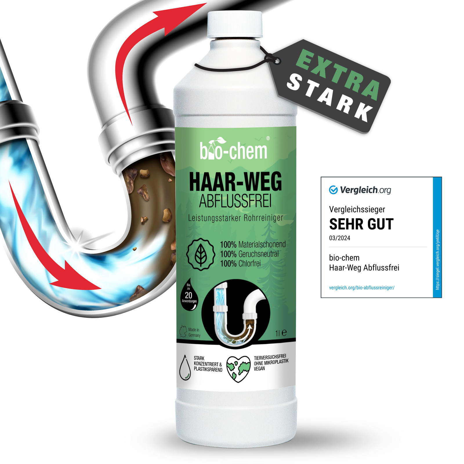 bio-chem Haar-weg Abflussfrei - Flüssiger Abflussreiniger Rohrreiniger - 1000 ml