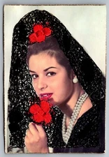 Beautiful Pretty Spanish Woman. Textured Lace. Vintage Spain Postcard