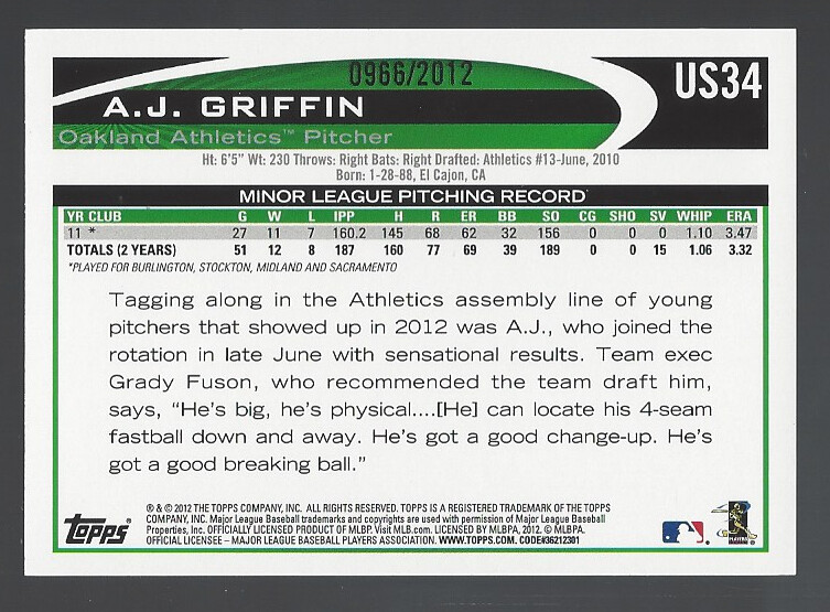 Griffin 2012 Topps Update Gold RC 0966/2012 CARD# US-34 UK