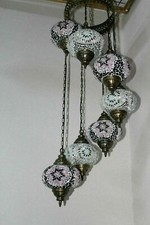 7 Large Globes - Turkish Moroccan Glass Mosaic Hanging Ceiling Chandelier Lamp