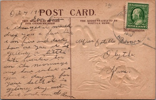 Santa Fe Kansas Greetings Just Few Lines Flowers Embossed 1910 postcard AP7 - Picture 2 of 2