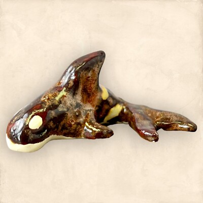 Orca Whale Figurine Ceramic Sculpture, Handmade Native American Art Black Copper