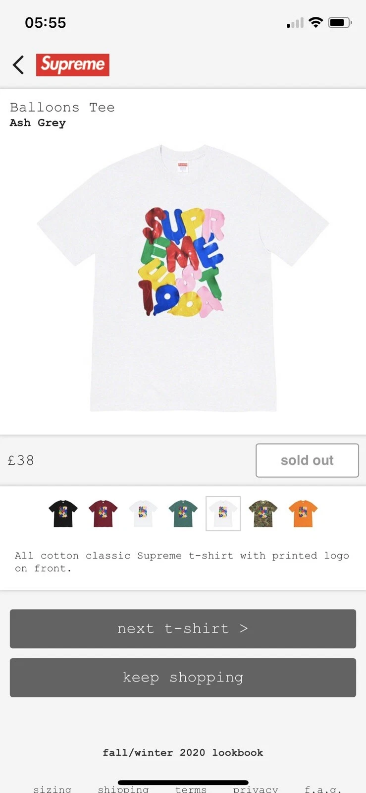 Tee Supreme Balloons   Gris cendres   Moyen M   FW20  