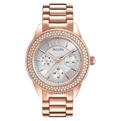 Bulova 97N101 Women's Multi-Function Rose Gold Tone Watch w/ Swarovski Crystals 