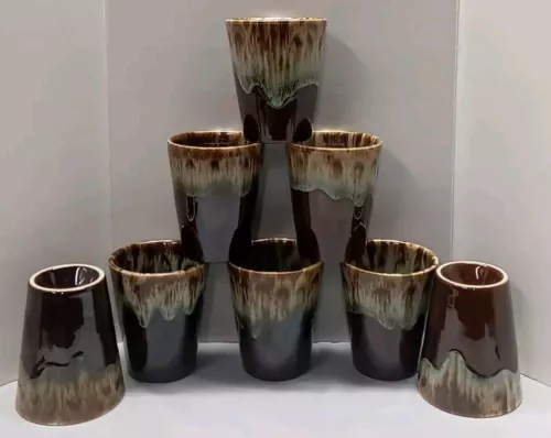 VTG Brown Drip Pottery Juice Glasses 3.5" High Set Of 8