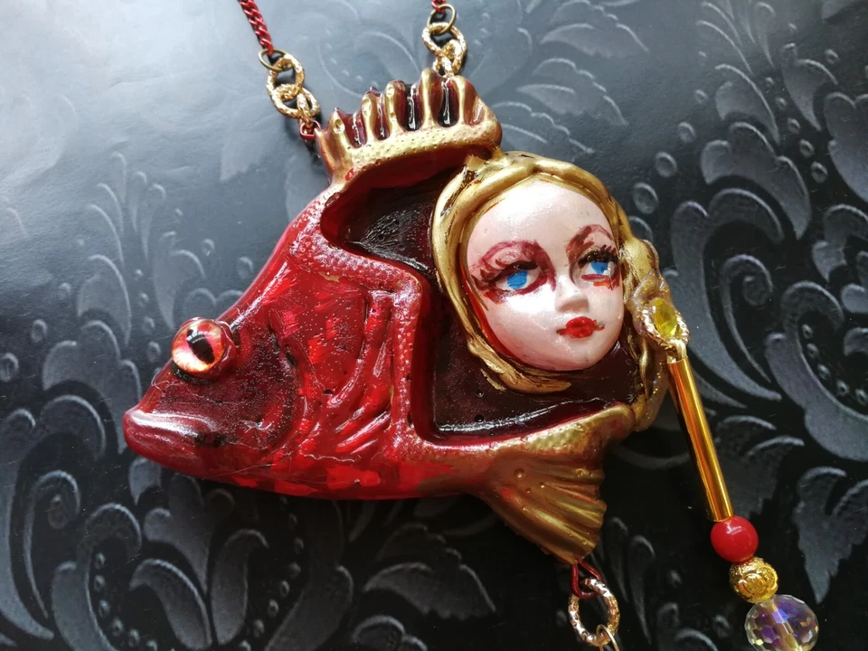 Joyería de pez rojo Piscis Shell Collar colgante Art Deco muñeca joyería perla babero Foto 2 de 4