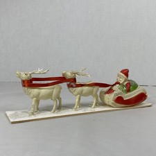 Vintage Celluloid Santa Claus Sitting in Sleigh Pulled by 2 Reindeer Mounted