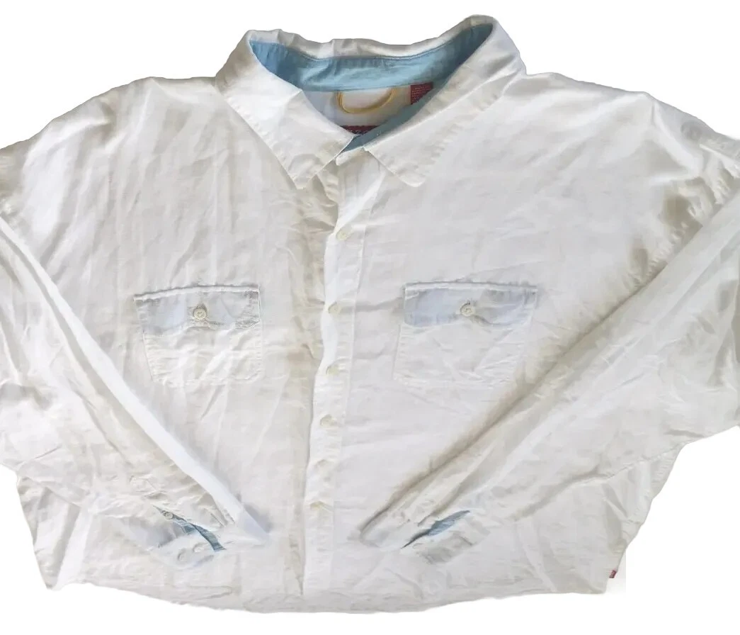 IZOD Men's Linen & Cotton Long-sleeved Buttons Down Shirts 2XL White Pocket
