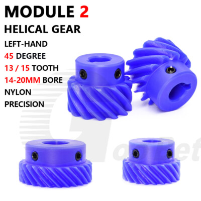 Module 2 Helical Gear 45° Left-hand 13 / 15 Tooth Nylon Pinion 14-20mm Bore Blue